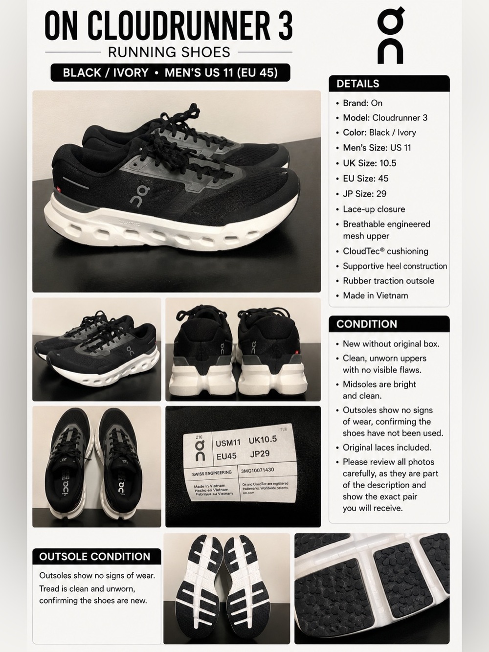 On Cloudrunner 3 Running Shoes Black/White Men’s US 11 EU 45 New